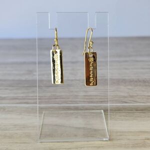 Gold Toned 'Blessed' Engraved Rectangular Pendant Earrings Simple Fish Hook Back